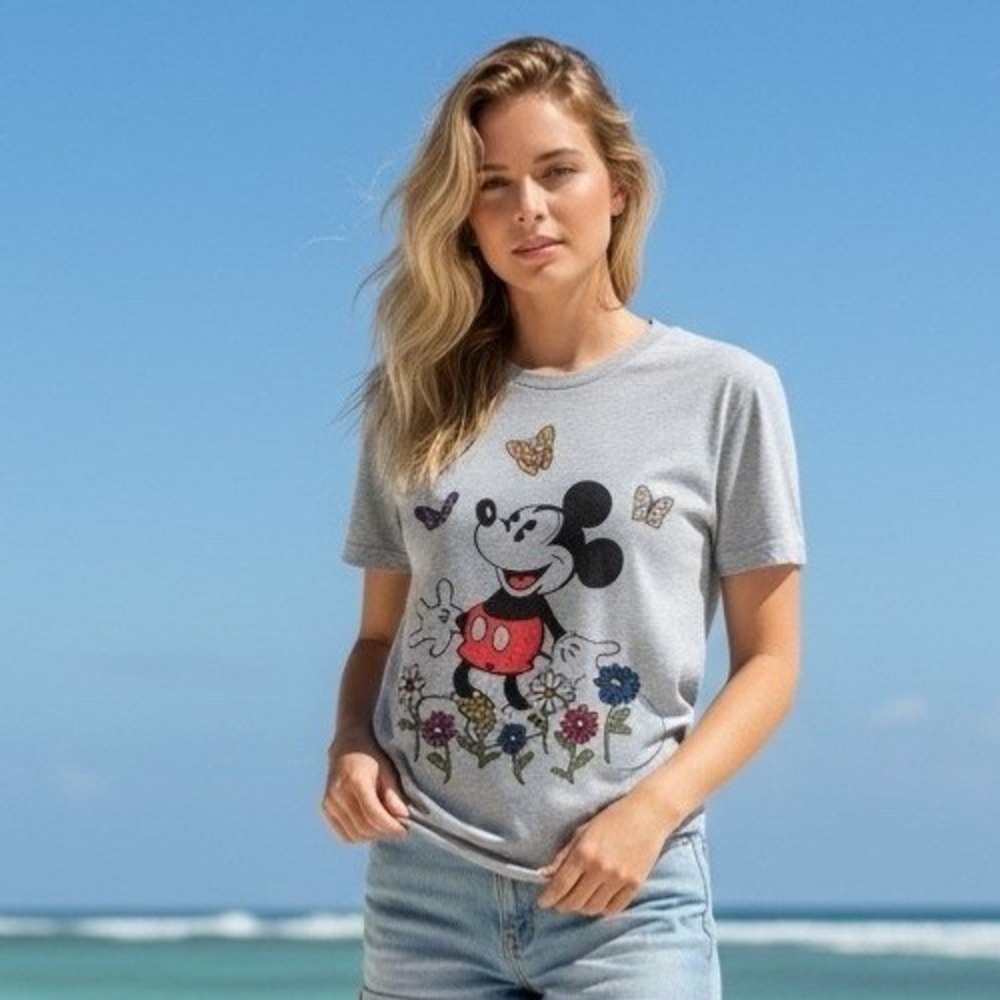 Disney Mickey Mouse Graphic Tee Grey Embroidered‎ Flowers Butterflies Women's XS